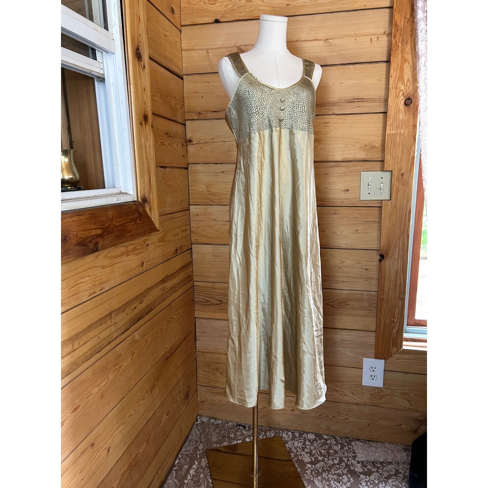 Vintage Gold Satin Slip Dress Womens Large Maxi Lingerie‎ Gloria Vanderbilt - Picture 2 of 8